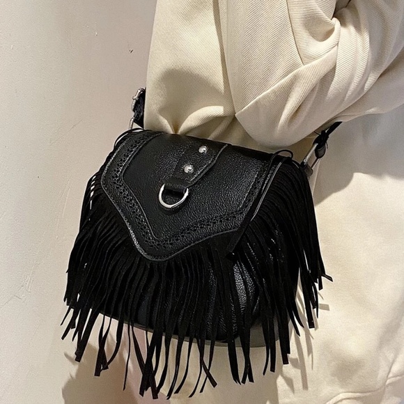Boho Vegan Leather Western Fringe Crossbody Shoulder Bag - Picture 3 of 8